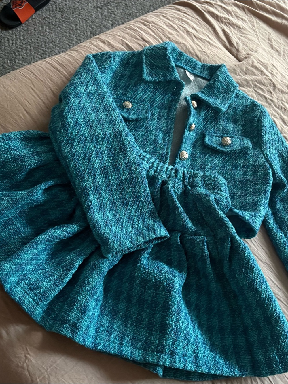SHEIN Teal Blue Tweed Kids Matching Set - Jacket & Skirt